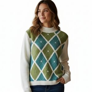 Alfred Dunner Mock Neck Green and Blue Argyle Sweater